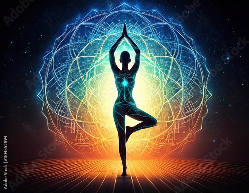 silhouette of person in standing yoga pose, zen spiritual healing energy type design concept