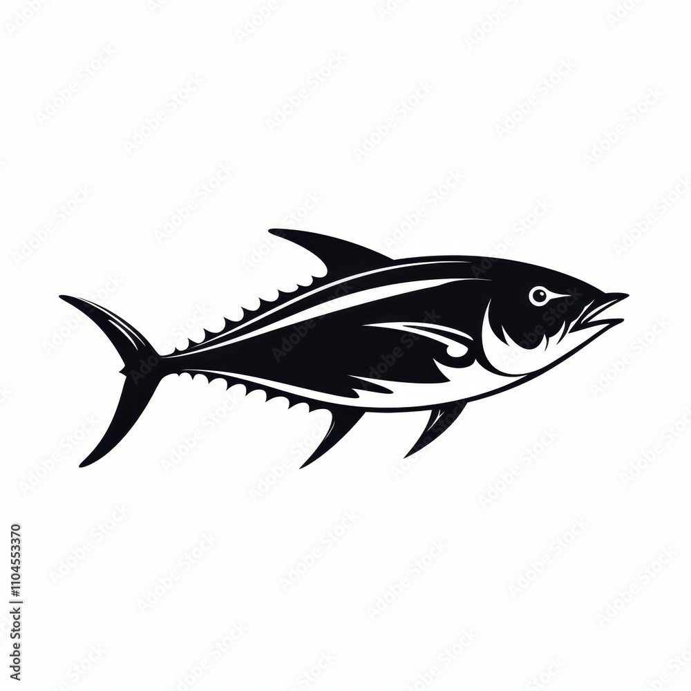 Stylized black silhouette of a tuna fish, showcasing its sleek design and streamlined form. Stylized black silhouette of a tuna fish, showcasing its sleek design and streamlined form.