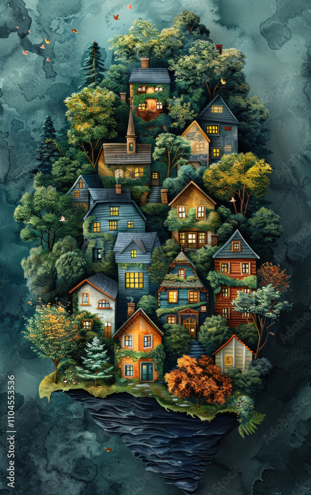 Obraz premium fantastic landscape with many cozy houses located on top of a floating island. Houses of different shapes and colors, surrounded by dense greenery and trees. 