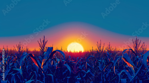 Cornfield Sunset: A captivating image of a cornfield bathed in the warm glow of a setting sun, with vibrant blue hues adding a touch of mystique to the scene. 