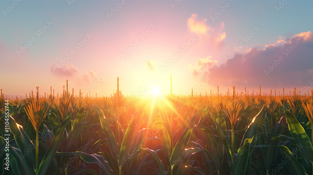 Golden Hour Cornfield: Serene sunset over a vast cornfield, bathed in the warm glow of the setting sun. The image evokes a sense of peace, abundance, and the beauty of nature. Golden Hour Cornfield: Serene sunset over a vast cornfield, bathed in the warm glow of the setting sun. The image evokes a sense of peace, abundance, and the beauty of nature.