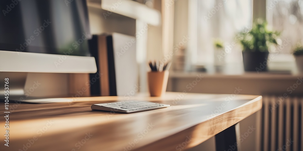 Modern minimalist wooden desk workspace with natural light in cozy home office interior : Generative AI Modern minimalist wooden desk workspace with natural light in cozy home office interior : Generative AI