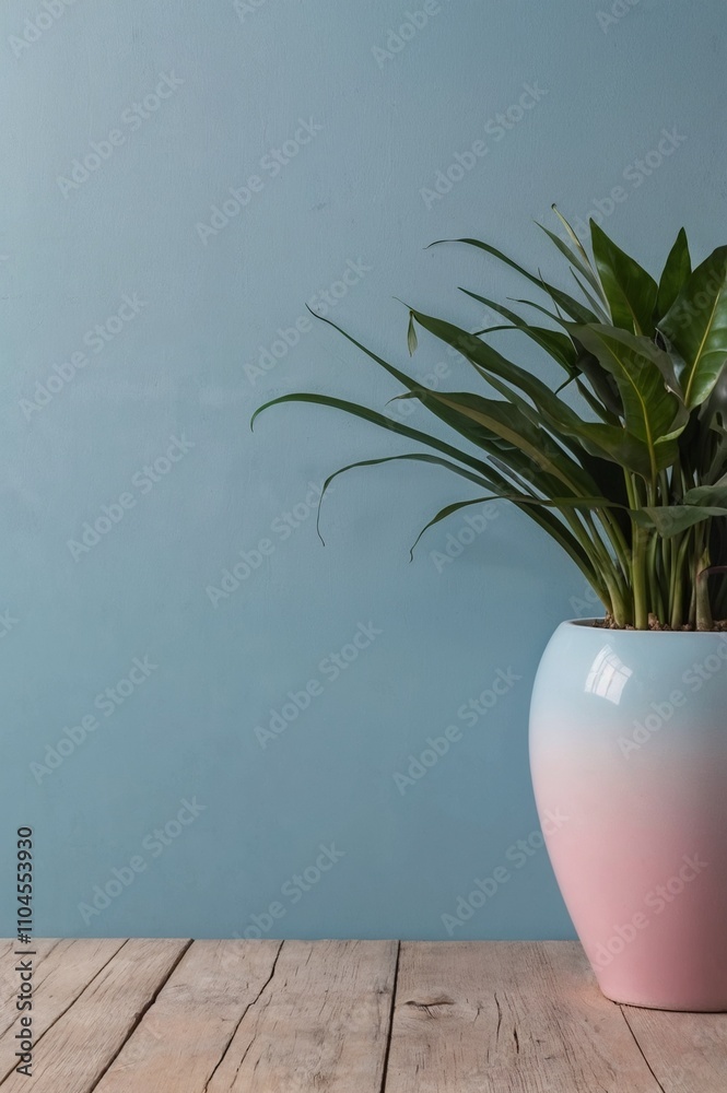 Fototapeta premium Soft and Soothing Pastel Backdrop: Minimalist Pink and Blue Tones with Natural Plant Accents for Home Styling or Product Presentation