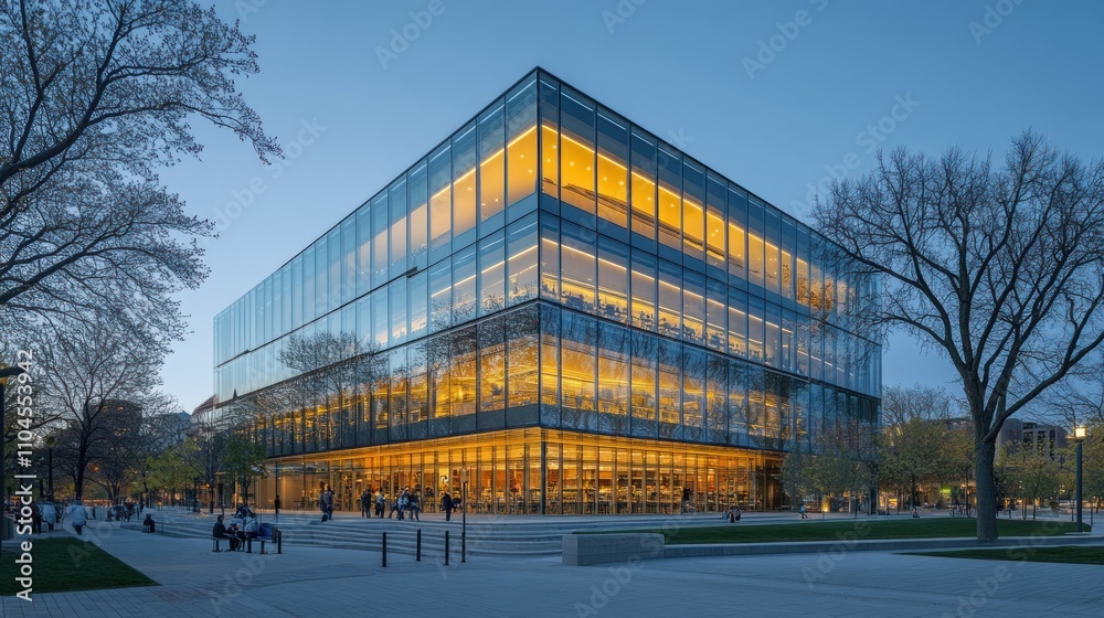 Obraz premium A modern glass building illuminated at dusk, serving as a public space for gatherings.