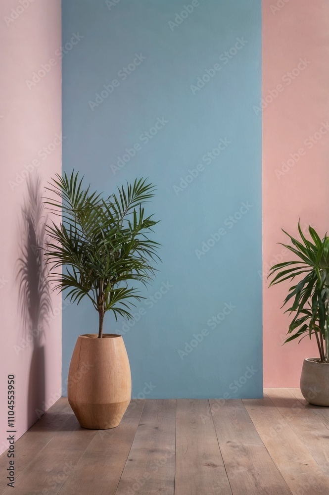 Tranquil Minimalist Backdrop in Soft Pink and Blue Pastel Tones: Featuring Plants and Clean Design for Wallpaper or Creative Projects Tranquil Minimalist Backdrop in Soft Pink and Blue Pastel Tones: Featuring Plants and Clean Design for Wallpaper or Creative Projects
