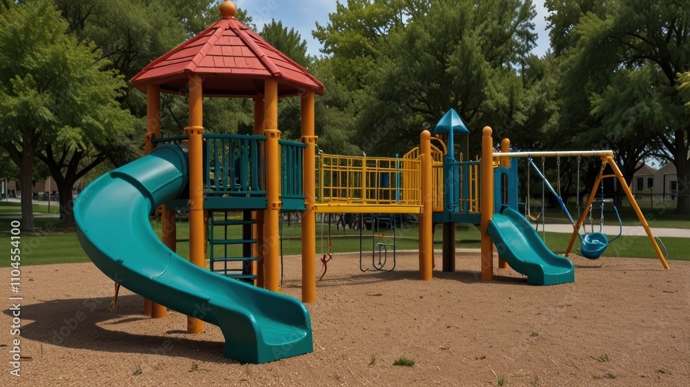 Colorful playground with slides, swings, and climbing structures in a park.