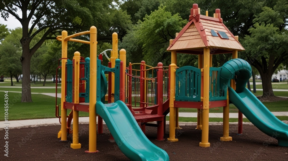 Colorful playground structure with slides, climbing features, and a roof, set in a grassy park.