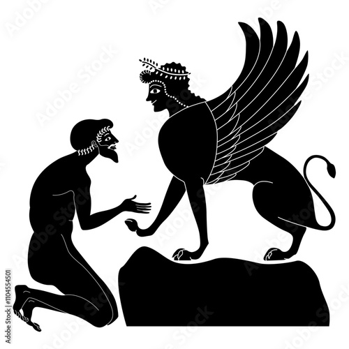 King Oedipus and the Sphinx. Ancient Greek mythology. Philosophical concept of enigma. Vase painting style. Black and white silhouette.