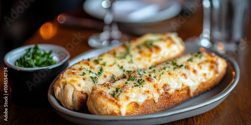 Wallpaper Mural Savoring delicious cheesy garlic bread cozy restaurant food photography indoor setting close-up culinary delight Torontodigital.ca