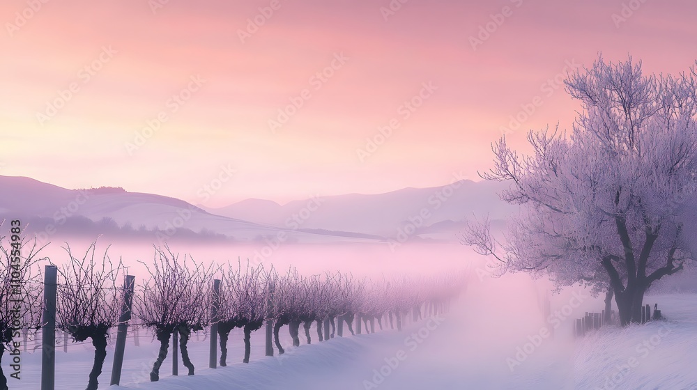 Serene Winter Vineyard Sunrise Foggy Landscape Serene Winter Vineyard Sunrise Foggy Landscape