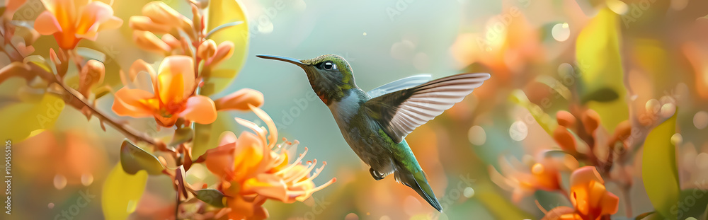 Fototapeta premium Hummingbird in Flight: A vibrant hummingbird hovers mid-air, wings a blur, as it feeds on nectar from delicate orange blossoms. The soft, golden light creates an ethereal ambiance.