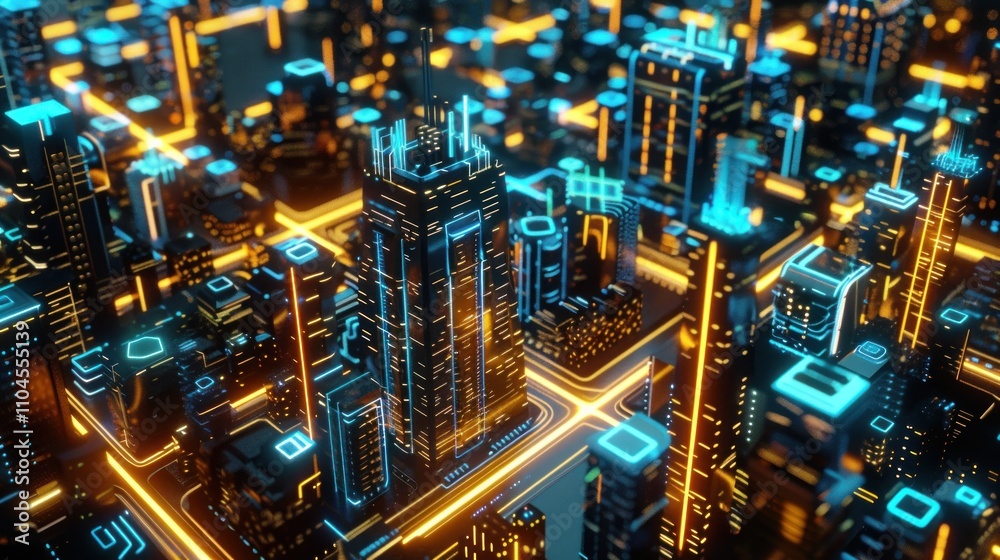 Obraz premium Futuristic cityscape with vibrant neon lights and intricate urban design.
