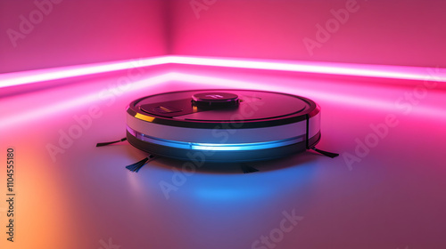 3D Render Robotic Vacuum Cleaner in Neon Room