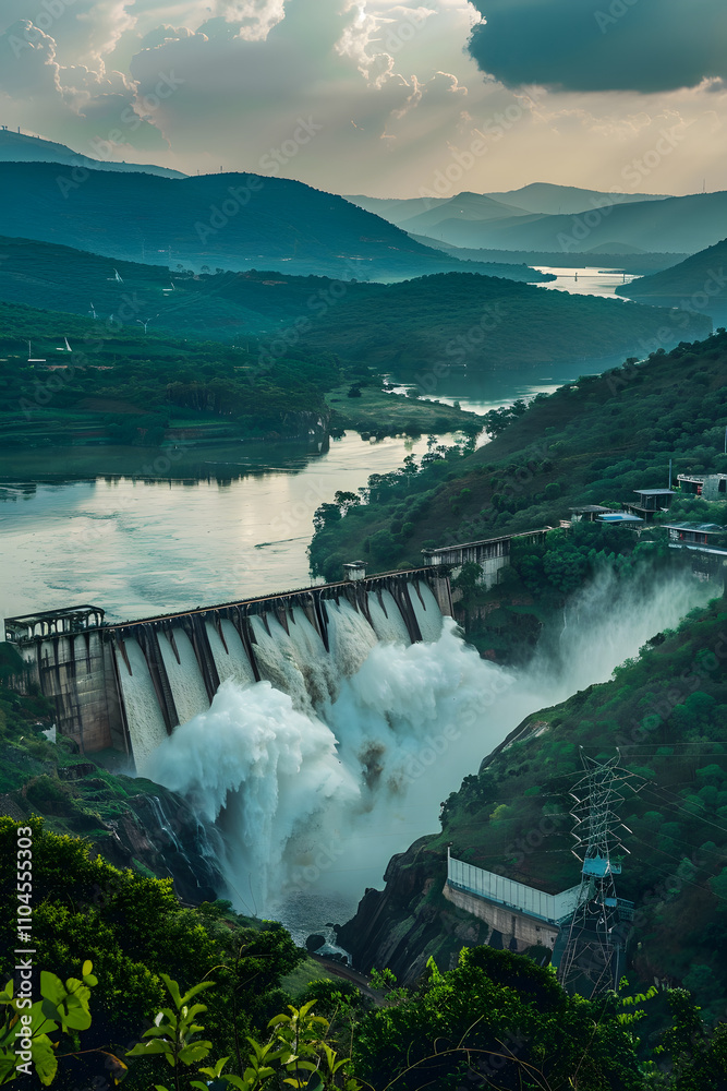 Fototapeta premium The Majestic Srisailam Dam in Broad Daylight: A Testament to Human Ingenuity and Engineering Excellence