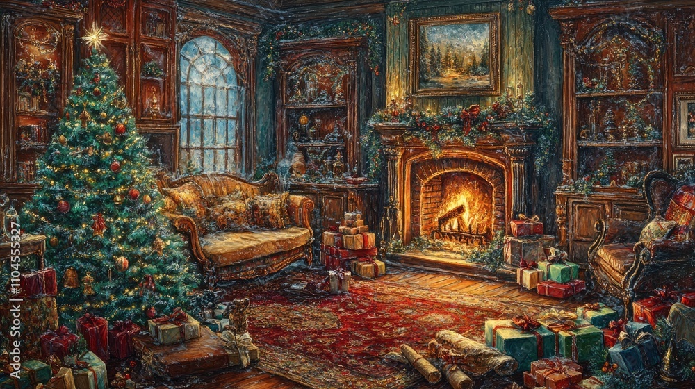 Fototapeta premium Cozy Christmas living room with fireplace, decorated tree, presents, and snowfall outside the window.