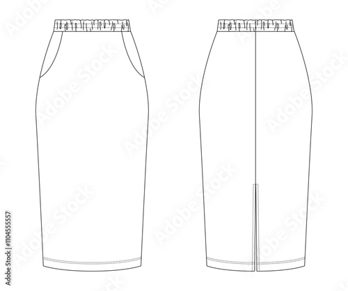 Technical flat sketch of a pencil skirt with elastic waistband, front and back views displayed in black outline on a white background
