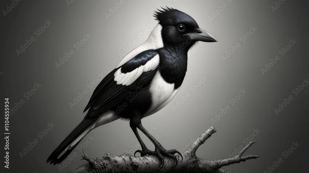 Black and white bird perched on branch. (1) Black and white bird perched on branch. (1)