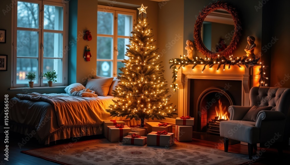 Cozy bedroom decorated for Christmas. Warm lighting highlights Christmas tree, gifts. Fireplace crackles merrily in cozy room. Festive mood. Holiday spirit. Interior design. Home decor. Winter Cozy bedroom decorated for Christmas. Warm lighting highlights Christmas tree, gifts. Fireplace crackles merrily in cozy room. Festive mood. Holiday spirit. Interior design. Home decor. Winter