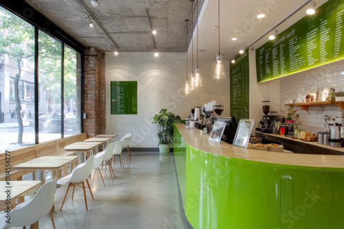 Modern cafe interior with green counter, tables, chairs, and large windows showcasing a city street view.