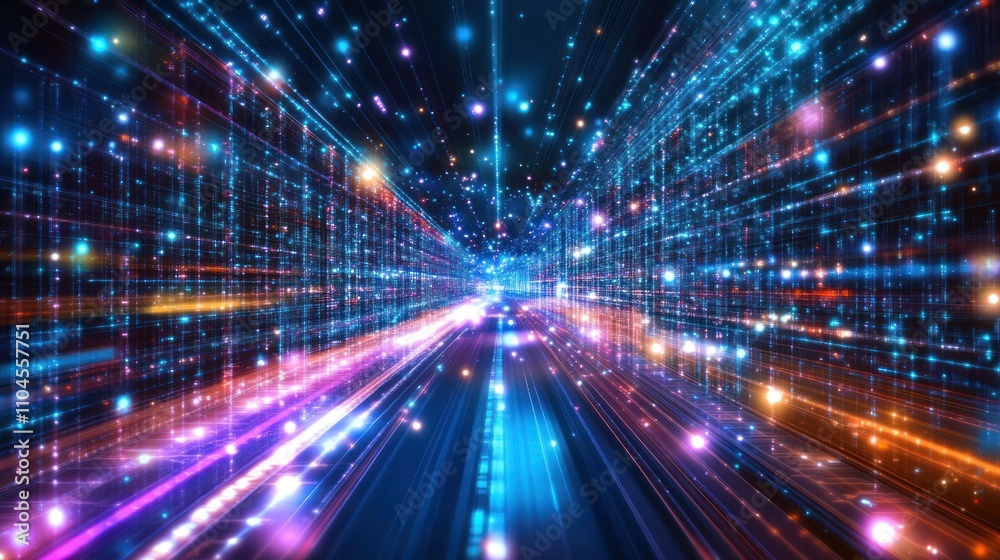 A vibrant digital landscape with colorful light beams and particles creating a sense of motion. A vibrant digital landscape with colorful light beams and particles creating a sense of motion.