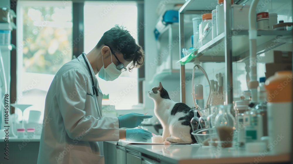 Obraz premium A skilled veterinarian carefully examining a cat in a modern clinic 