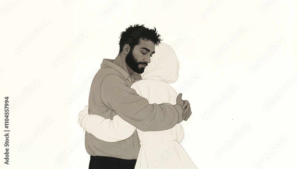 a grayscale illustration of a man with a beard and short hair embracing a woman wearing a hijab. The background is plain, with a few small, scattered dots. a grayscale illustration of a man with a beard and short hair embracing a woman wearing a hijab. The background is plain, with a few small, scattered dots.