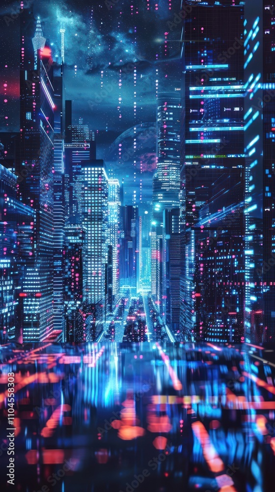 Obraz premium A futuristic cityscape illuminated by neon lights and digital effects.
