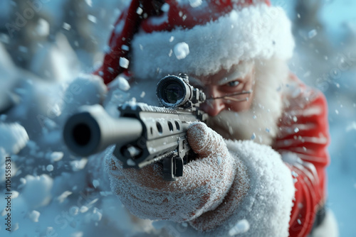 Santa Claus with sniper rifle in snowy winter landscape