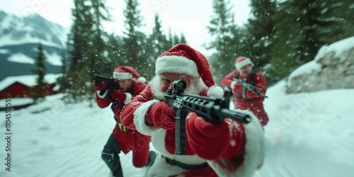 Santa Claus Squad in Snowy Forest with Rifles