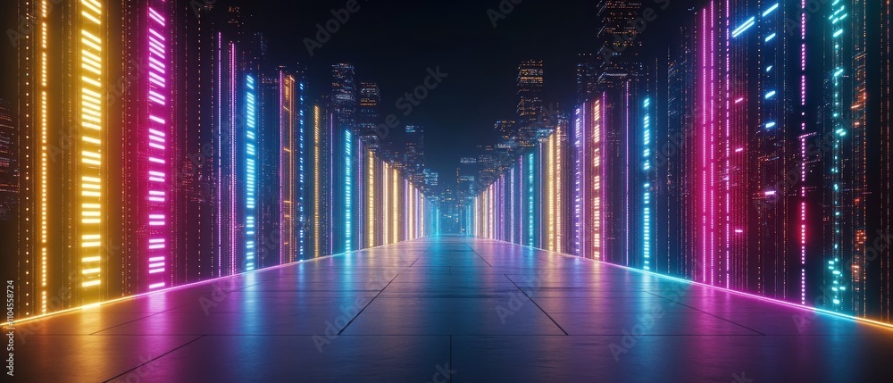 A futuristic corridor with illuminated walls, resembling a digital data center. A futuristic corridor with illuminated walls, resembling a digital data center.