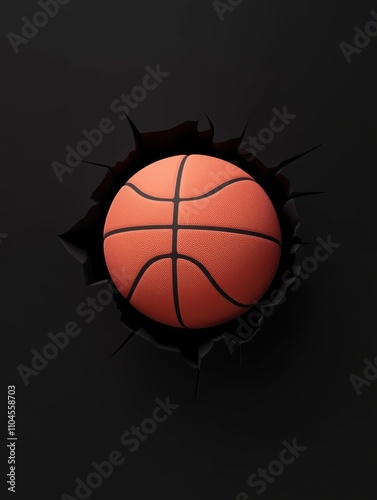 Basketball breaking through a dark, jagged surface, symbolizing strength, impact, and energy in sports.