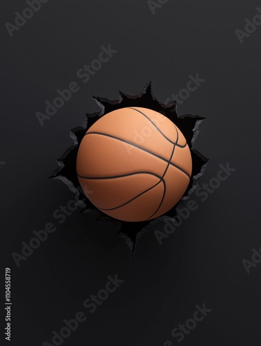 Basketball breaking through a dark, jagged surface, symbolizing strength, impact, and energy in sports.