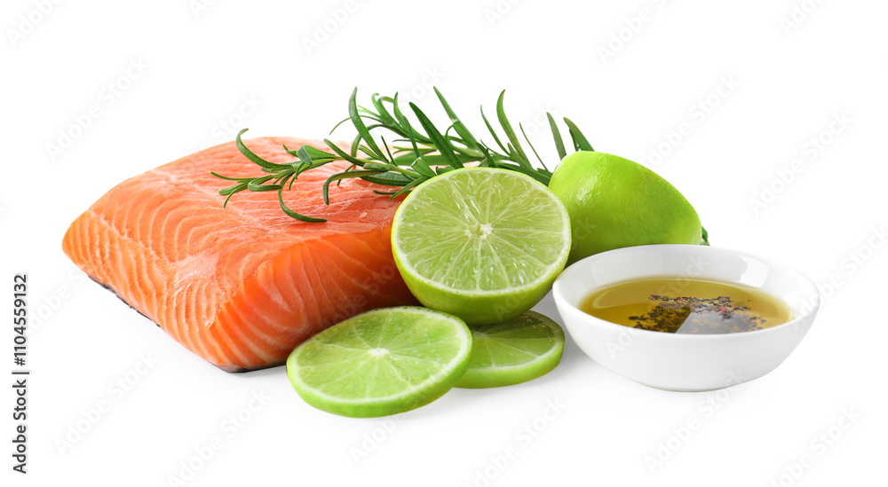 Piece of fresh salmon, lime and spices isolated on white Piece of fresh salmon, lime and spices isolated on white