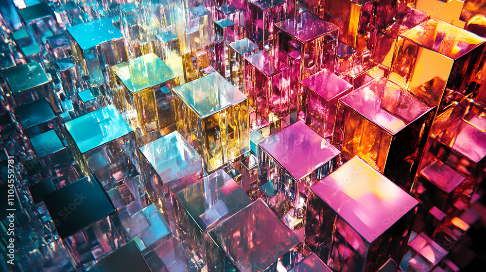 A vibrant mosaic of multifaceted geometric shapes, each with a unique chromatic depth and shimmering reflections. Chromatic. Illustration A vibrant mosaic of multifaceted geometric shapes, each with a unique chromatic depth and shimmering reflections. Chromatic. Illustration