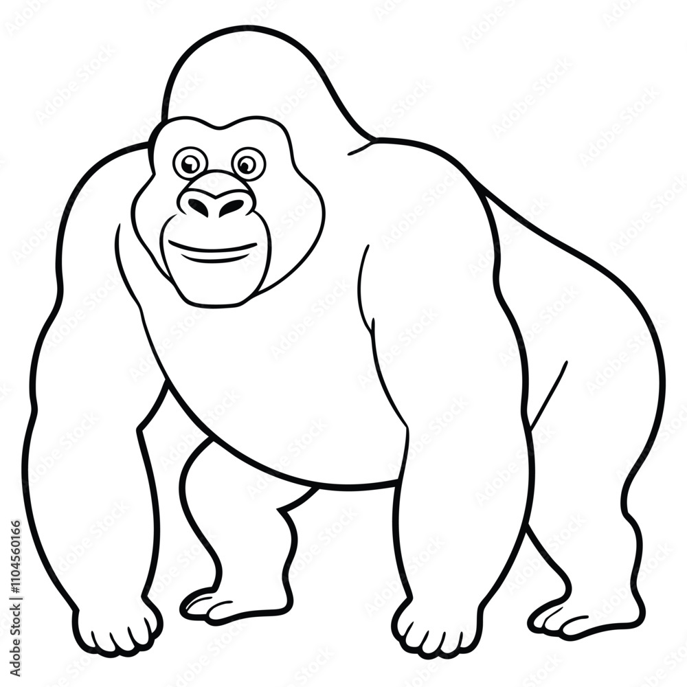 Friendly Cartoon Illustration of a Muscular Gorilla, Simple Line Art Drawing with Playful Expression, Vector Design of a Wild Animal Character Friendly Cartoon Illustration of a Muscular Gorilla, Simple Line Art Drawing with Playful Expression, Vector Design of a Wild Animal Character