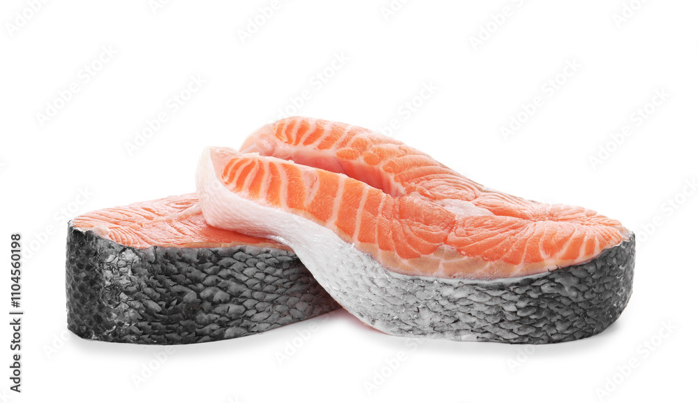Steaks of fresh raw salmon isolated on white Steaks of fresh raw salmon isolated on white