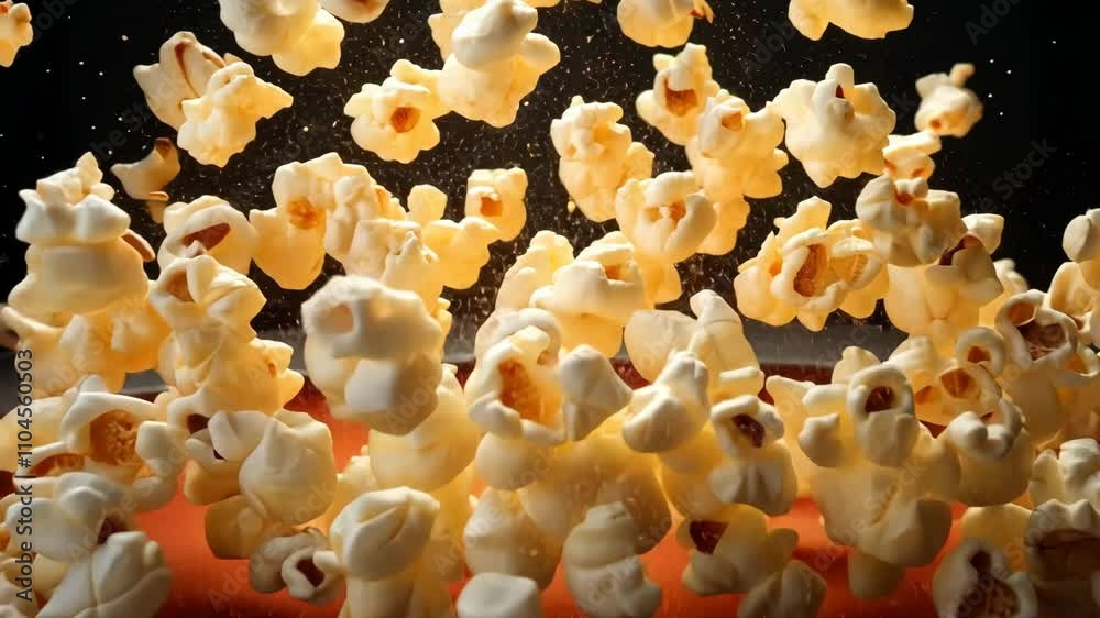 Popcorn bursts into the air creating a delicious snack for movie nights or gatherings Popcorn bursts into the air creating a delicious snack for movie nights or gatherings