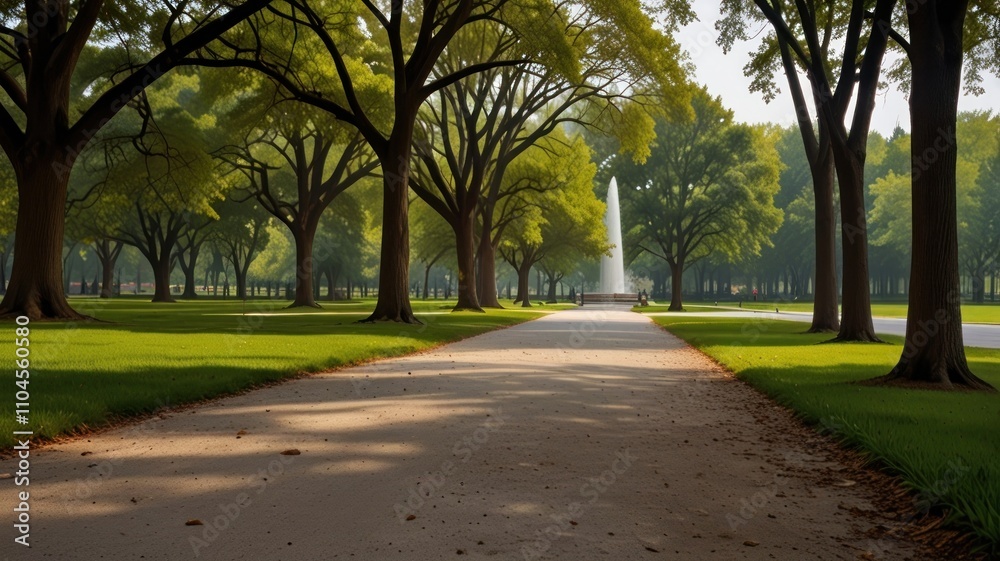 Fototapeta premium Serene park path leading to fountain.
