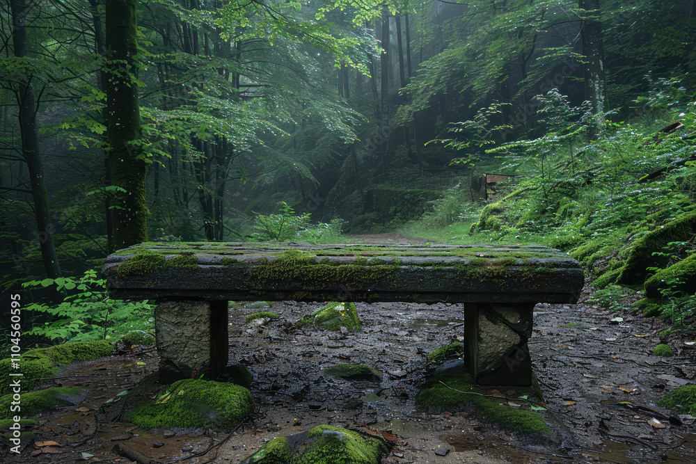 Wooden bench in the misty forest with a bench in the foreground.,. Wooden bench in the misty forest with a bench in the foreground.,.