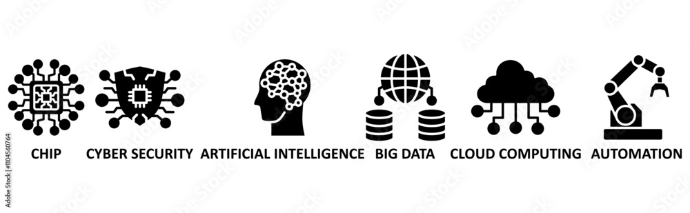  Futuristic icon set illustration concept with icon of chip, cyber security, artificial intelligence, big data, cloud computing, automation