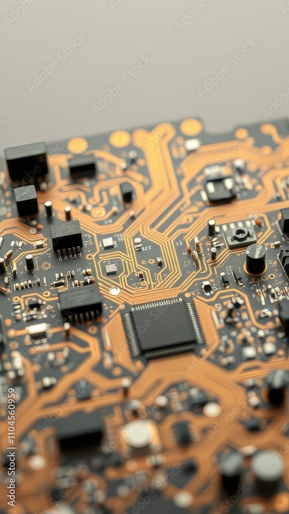 A close-up of a circuit board with interconnected electronic components, technology, communication A close-up of a circuit board with interconnected electronic components, technology, communication