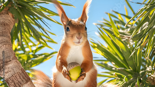 Adorable Red Squirrel Holding Acorn, Realistic Wildlife Photo