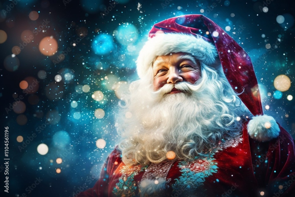 A cheerful Santa Claus stands against a magical Christmas background full of decorations