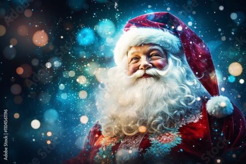 Obraz na płótnie A cheerful Santa Claus stands against a magical Christmas background full of decorations w salonie