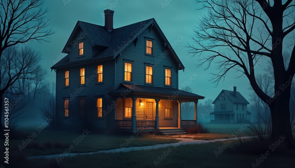 Abandoned house lit up at night stands in gloomy landscape. Barren trees surround rural house. Foggy night time scene. Light coming from windows. Spooky mood. Eerie atmosphere. Dim twilight. Abandoned house lit up at night stands in gloomy landscape. Barren trees surround rural house. Foggy night time scene. Light coming from windows. Spooky mood. Eerie atmosphere. Dim twilight.