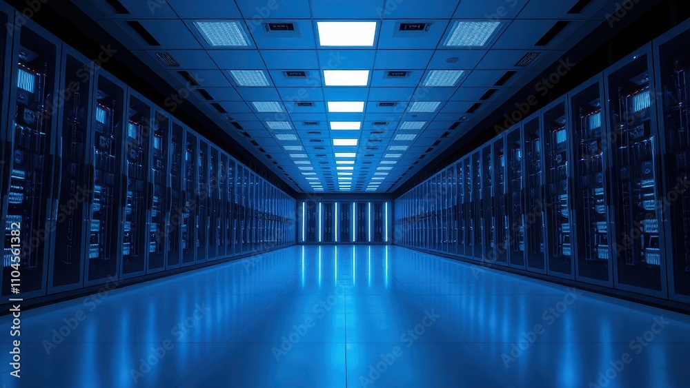A modern server room with rows of computer servers, infrastructure, server room A modern server room with rows of computer servers, infrastructure, server room