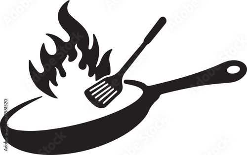 Illustration of a frying pan icon with food cooking and flames rising from it, indicating the food is being cooked over high heat