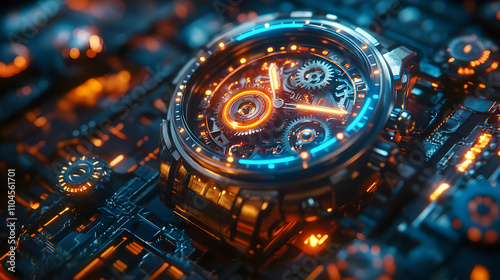 Futuristic 3D Clockwork Watch Illustration