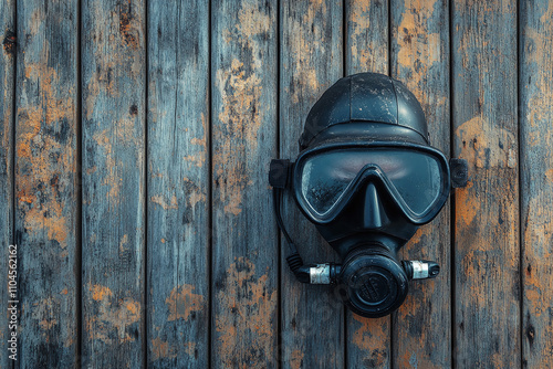 Black diving mask on weathered teak deck. photo