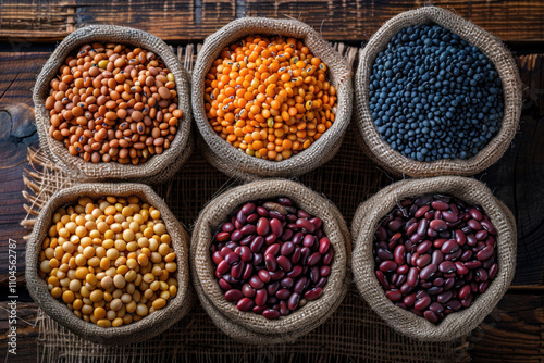 Assortment of Beans, Red kidney bean, Mung bean, Soy bean, and Navy bean on wooden table, top view.. 